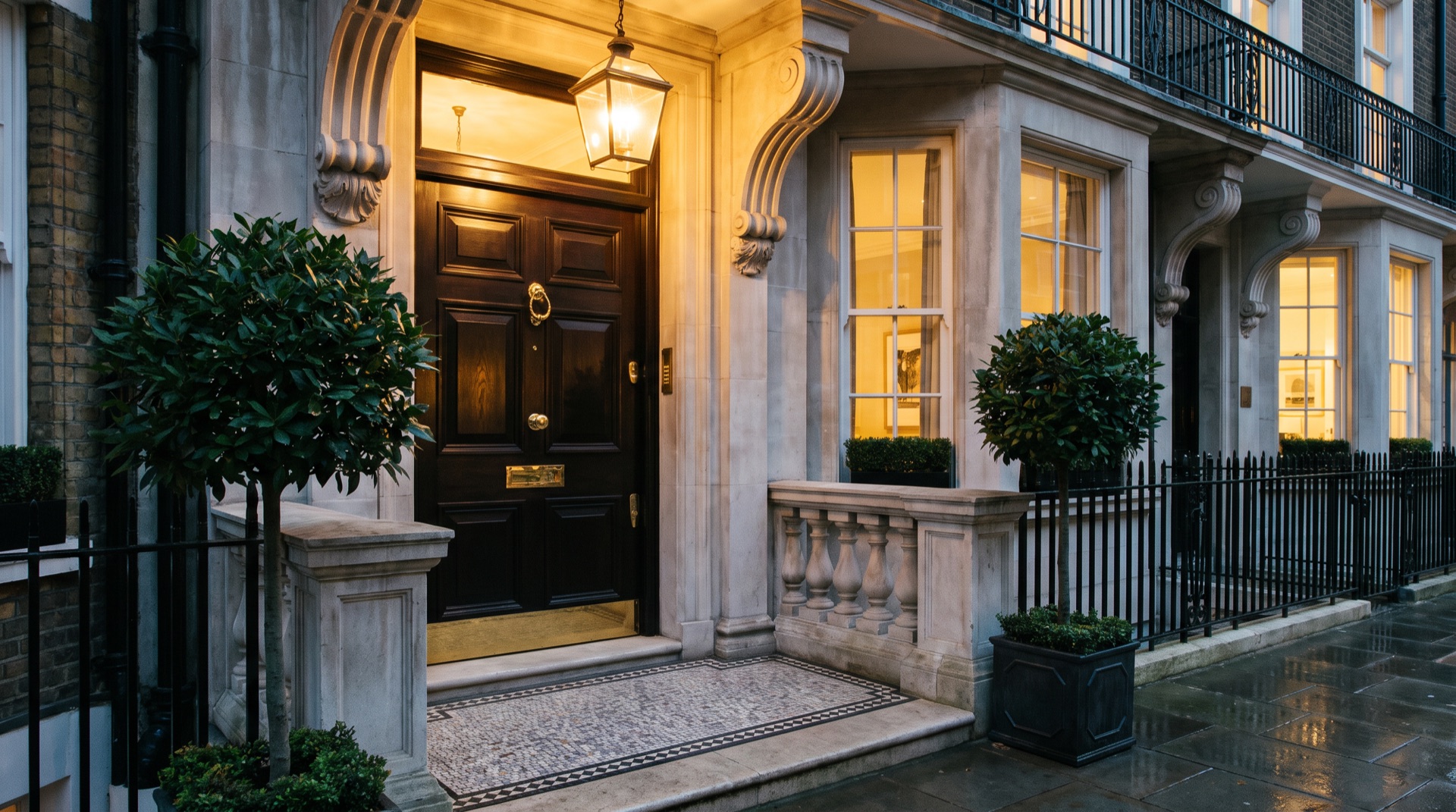 A secured London front door with brass hardware